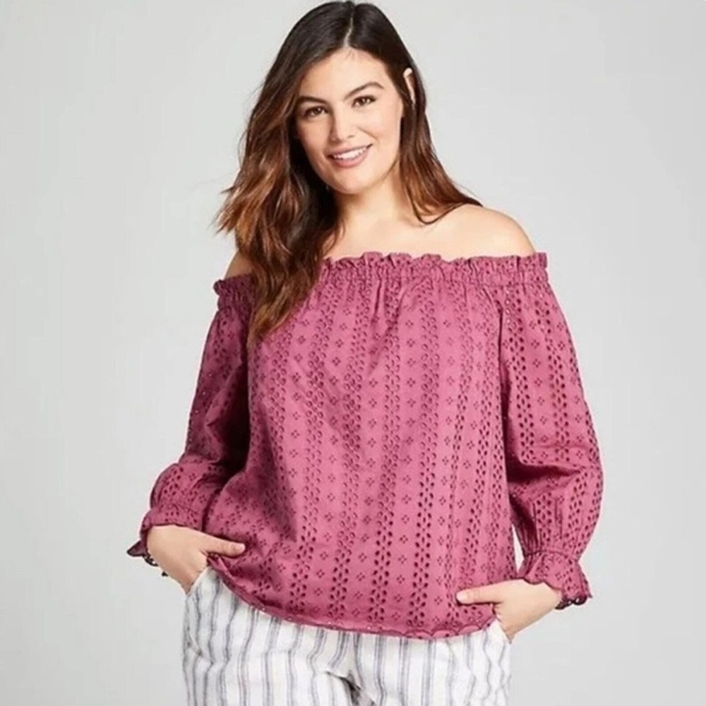 Lane Bryant Off-The-Shoulder Eyelet Ruffle Top Pink Rose Plus Sz 26/28 Coquette